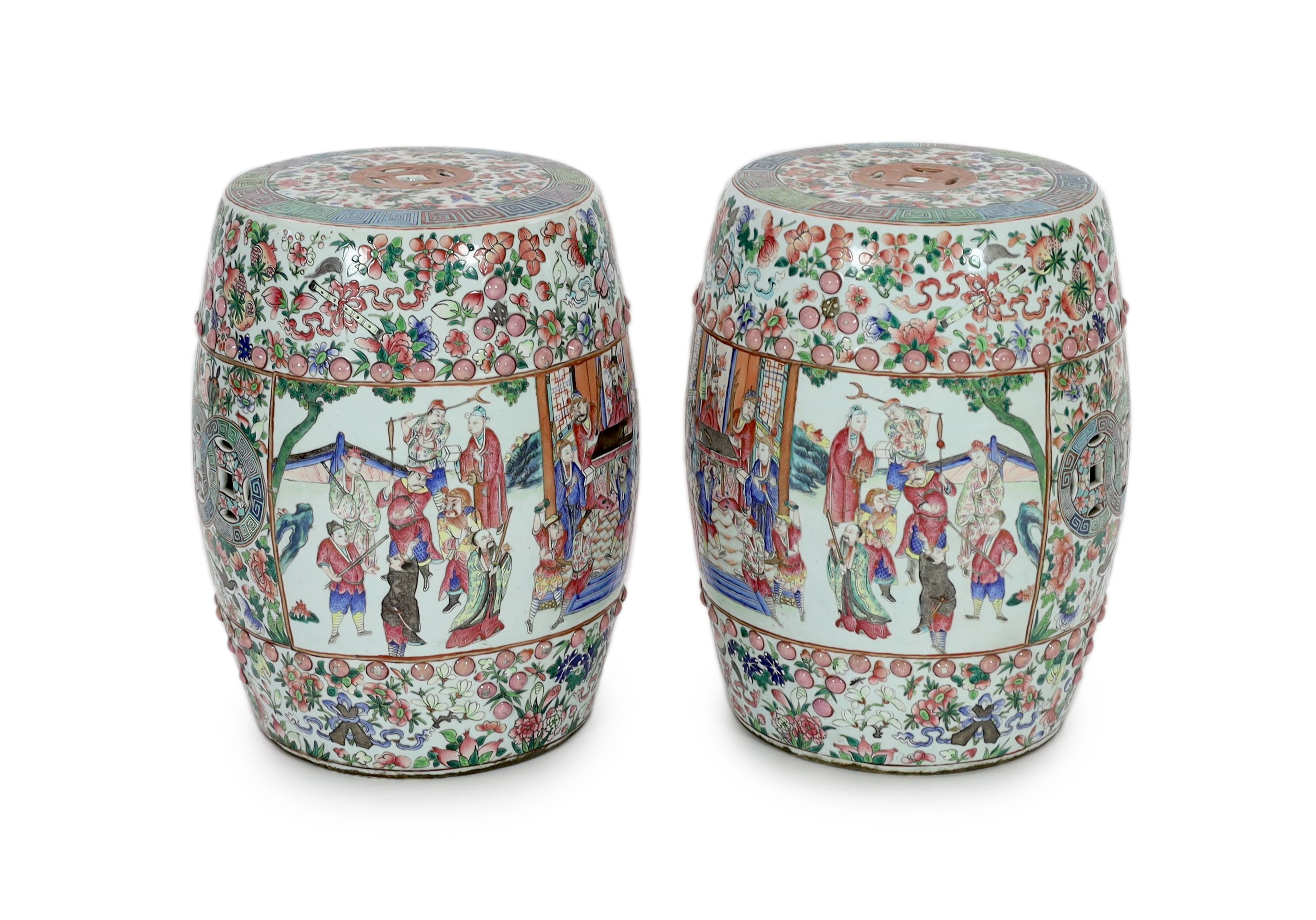 A pair of Chinese famille rose barrel garden seats, late 19th century 48 cm high